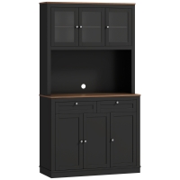 HOMCOM Alacena de Cocina con 3 Puertas de Vidrio Compartimento Abierto 2 Cajones y Estantes Ajustables 100x40x180 cm Negro