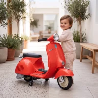 AIYAPLAY Moto Eléctrica para Niños Licencia VESPA Arranque Suave Ruedines Desmontables Luz Delantera Música, Bocina USB Rojo(m-9)
