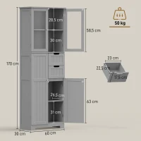 HOMCOM Meuble de salle de bain haut, meuble de rangement avec 4 portes dont 2 vitrées, 2 tiroirs et étagères réglables, gris(m-3)