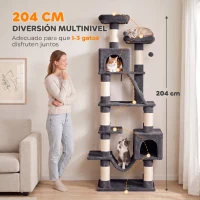 PawHut Árbol Rascador para Gatos 204 cm Multinivel con 2 Cuevas Hamaca 2 Camas Postes de Sisal Escalera 2 Bolas Gris Oscuro(m-4)