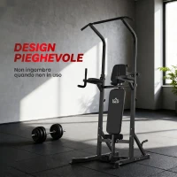 HOMCOM Power Tower Pieghevole, Stazione Fitness Multifunzione Regolabile in 7 Posizioni con Sbarra Trazioni, Dip Station, Pull UP Station(m-6)