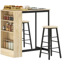 HOMCOM 3-delige Bartafelset, 1 Counter, 2 Stoelen, met Opbergruimte en Voetsteunen, Ruimtebesparend, Lichtbruin+Zwart(m-11)