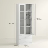 HOMCOM Aparador de Cocina con Armario y 2 Cajones, Puertas de Vidrio y Estantes Regulables, 59x30x164 cm, Blanco(m-3)