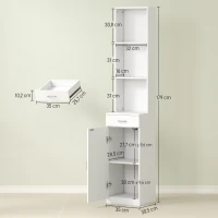 HOMCOM Hoge Badkamerkast, Smal Ontwerp, Lade, Schappen, Kast, Spaanplaat, Wit(m-3)