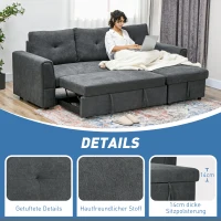 HOMCOM 3-Zit Slaapsofa met bedfunctie, slaapbank met chaise longue, gestoffeerde bank, Donkergrijs(m-6)
