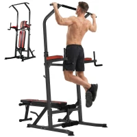 HOMCOM Power Tower Pieghevole con Panca Piana Regolabile, Rack Palestra Multifunzione con Barre per Dip e Trazioni, Altezza Regolabile 7 Livelli, in Acciaio, Allenamento Fitness Casa Palestra, Rosso(m-1)