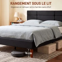 HOMCOM Cadre de Lit 140 x 200 cm avec Sommier Bois, Lit Double Rembourré en Effet Lin, Rangement au-dessous, Sans Bruit, Noir(m-6)