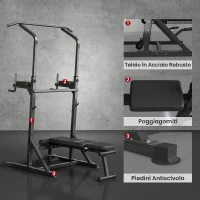 HOMCOM Power Tower Pieghevole, Stazione Fitness Multifunzione Regolabile in 7 Posizioni con Sbarra Trazioni, Dip Station, Pull UP Station(m-7)