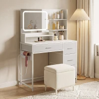 HOMCOM Penteadeira de Maquilhagem com Espelho LED 3 Toneladas de Luz Estação de Carregamento 4 Gavetas 5 Prateleiras Suporte para Secador Branco(m-2)