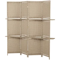 HOMCOM Séparateur de pièces 4 panneaux 2 étagères pliables naturel paille(m-12)