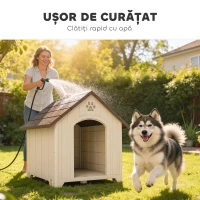 PawHut Căsuță pentru câini de exterior, talie mare și XL, căsuță din plastic impermeabil cu bază ridicată, ferestre și acoperiș înclinat pentru grădină, curte, terasă, casă, 102x94x103 cm, Bej(m-9)