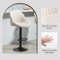 HOMCOM Juego de 2 Taburetes de Bar Giratorios con Altura Ajustable 62-83 cm Tapizada en Chenilla Respaldo y Reposapiés Beige(m-7)