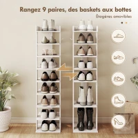 HOMCOM Étagère chaussure à 9 niveaux, range-chaussure jusqu'à 9 paires avec plateau supérieur, 2 crochets, 30x30x128,4cm, blanc(m-5)