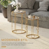 HOMCOM 2-delig Salontafelset, Bijzettafel met Glazen Blad, Woonkamer Tafel met Reifen- en Kogelontwerp Ø41 x 57 cm, Goud(m-4)