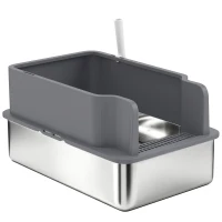 PawHut Arenero para Gatos de Acero Inoxidable L con Bandeja de Tamizado Borde Alto Pala y 10 Empapadores Gris Oscuro(m-11)