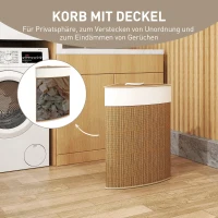 HOMCOM Wasmand in Hoekontwerp, Bamboe Vlechtwerk, 55 Liter, Stoffen Zak, Metalen Frame, Bruin(m-5)