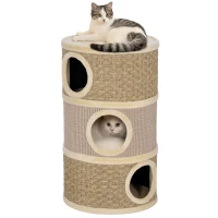 PawHut Tonneau à Gratter pour Chat Arbre à Chat Sisal Naturel et Herbiers Marins Recouvert de Peluche 45 x 45 x 79cm Kaki Café(m-12)