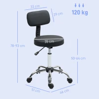 HOMCOM Rollhocker Höhenverstellbarer Drehhocker mit Lehne, Drehbarer Arbeitshocker Kunstleder Schwarz 46 x 51 x 78-93 cm(m-3)