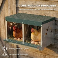 PawHut Ponedero para Gallinas de Acero Galvanizado con 2 Huecos para 2 Gallinas con Techo Impermeable y Ventilación Plateado y Verde(m-5)