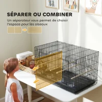 PawHut Cage à oiseaux volière intérieur acier avec séparateur 4 perchoirs plateau coulissant 4 mangeoires 76 x 46 x 46 cm noir(m-4)