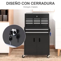 HOMCOM Carro de Herramientas con Baúl Superior 6 Cajones Armario Cerradura 4 Ganchos para Garaje Hogar Negro(m-6)