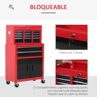 HOMCOM Carro de Herramientas con Baúl Superior 6 Cajones Armario Cerradura 4 Ganchos para Garaje Hogar Rojo(m-7)