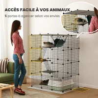 PawHut Cage pour chat d'intérieur parc pour chat en acier à 4 niveaux DIY avec 5 portes hamac 1-3 chats 105 x 70 x 140 cm noir(m-6)