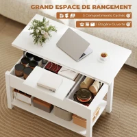 HOMCOM Table basse relevable et extensible table de salon avec compartiment caché étagère ouverte 100x45x50,5cm blanc(m-5)