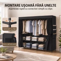 HOMCOM Dulap Textil Compact cu 5 Bare, 5 Rafturi, 6 Buzunare Laterale, Uși Anti-Praf cu Fermoar, Negru(m-7)