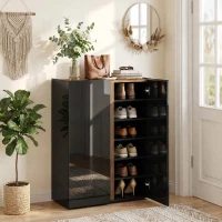 HOMCOM Schuhschrank mit leiser Sicherheitsöffnung, 6 Ebenen, grifflose Design, Hochglanz Schwarz(m-2)