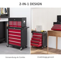 HOMCOM Gereedschapswagen, Tweedelig, Afsluitbaar, 14 Laden, Zijwand met Gaten, Staal, Rood(m-5)
