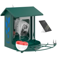 PawHut Mangeoire à Oiseaux avec Caméra 2K Solaire 2,5L 142°, Identification IA 16000+, App, IP65, SD 32 Go, 30x34,5x26,3cm Vert(m-13)