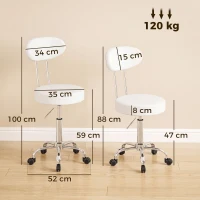 HOMCOM Taburet pe roți rotativ înălțime reglabilă din piele sintetică cu spătar pentru Spa Birou Tatuaje Alb(m-3)