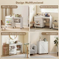 HOMCOM Mesa para Máquina de Costura Dobrável com Porta Magnética, 2 Compartimentos, Prateleira, 18 Suportes para Linhas, 5 Rodas, Branco(m-6)