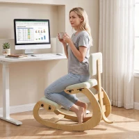 HOMCOM Scaun Ergonomic pentru Genunchi cu Spatar, Balansoar, Postural, Lemn Mesteacan, Crem(m-9)
