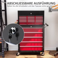 HOMCOM Gereedschapswagen, Tweedelig, Afsluitbaar, 14 Laden, Zijwand met Gaten, Staal, Rood(m-6)