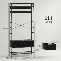 HOMCOM Kapstok met Schoenenrek in Industriële Stijl, Kledingrek met 2 Stoffen Lades, 8 Haken, Metalen Frame, Zwart(m-3)