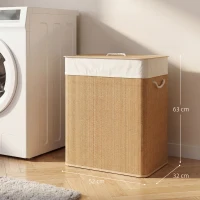 HOMCOM Bamboe Wasmand met Deksel 2 Vakken 100 L Wasverzamelaar met Touwhandvatten, Uitneembare Waszak(m-3)