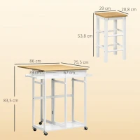 HOMCOM Juego de Mesa Alta de Bar y 2 Taburetes con Ruedas Mesa Plegable de Cocina con Taburetes 86x75,5x83,5 cm Natural(m-3)