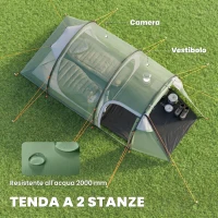 Outsunny Tenda da Campeggio 2 Posti con Telo Impermeabile e Porte con Cerniera, 426x206x15 cm, Verde Scuro(m-4)