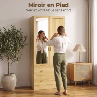 HOMCOM Armoire chambre penderie avec miroir, 2 portes, 2 tiroirs et barre de suspension, 80 x 50 x 180 cm, chêne(m-6)