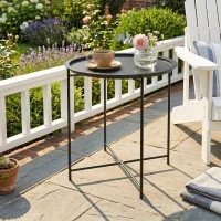 Outsunny Mesa de Jardín Redonda con Bandeja Extraíble Patas Ajustables y Acabado en Acero para Exterior Ø46x50 cm Negro(m-2)