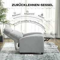 HOMCOM Relaxstoel, verstelbaar tot 135°, uitschuifbare voetensteun, gevoerde leuningen, linnen-polyester, Lichtgrijs(m-4)