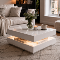 High Gloss Round Coffee Table with Rotating Top and 16-Colour LED Light, White