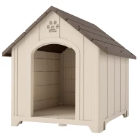 PawHut Căsuță pentru câini de exterior, talie mare și XL, căsuță din plastic impermeabil cu bază ridicată, ferestre și acoperiș înclinat pentru grădină, curte, terasă, casă, 102x94x103 cm, Bej(m-12)