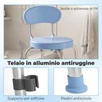 HOMCOM Sedia per Doccia Girevole ad Altezza Regolabile con Schienale, Capacità 150 kg, Celeste(m-7)