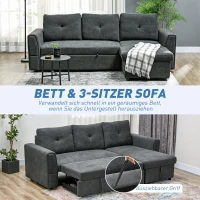 HOMCOM 3-Zit Slaapsofa met bedfunctie, slaapbank met chaise longue, gestoffeerde bank, Donkergrijs(m-4)
