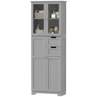 HOMCOM Meuble de salle de bain haut, meuble de rangement avec 4 portes dont 2 vitrées, 2 tiroirs et étagères réglables, gris(m-13)