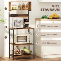 HOMCOM Keukenrek, staand rek met 5 S-haken, 5 planken, stopcontact, van staal, Rustiek-Bruin, 60 x 42 x 153 cm(m-6)