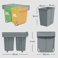 HOMCOM Uitschuifbare prullenbak, 2 x 20 L, uitneembare bakken, kunststof, metaal, grijs(m-3)